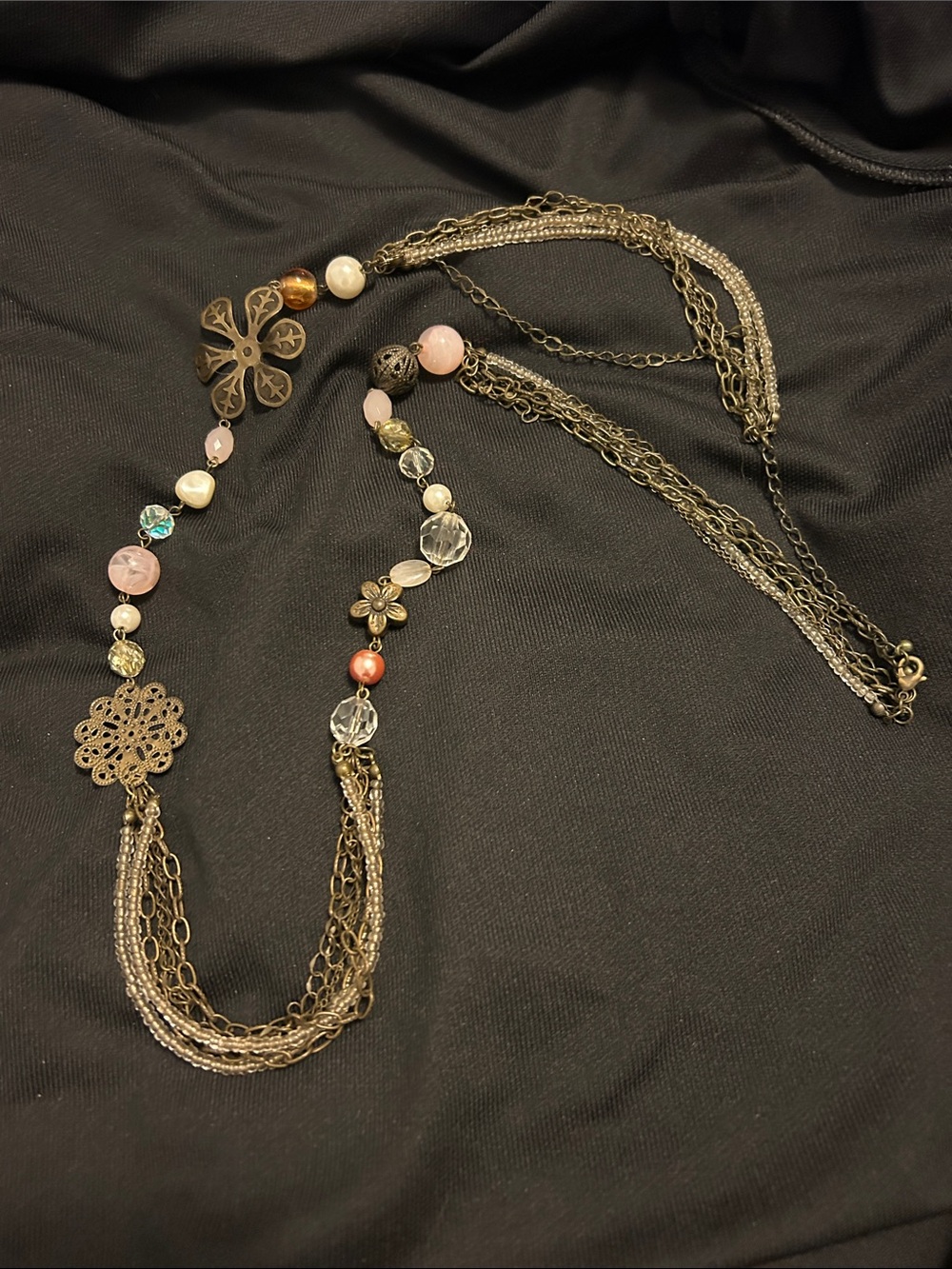 Vintage-Inspired Multi-Chain Pink and Bronze Beaded Necklace